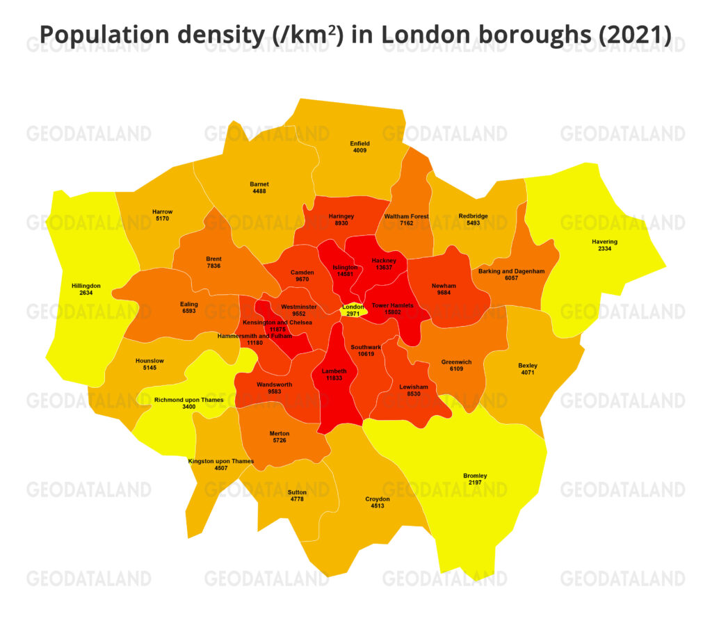 Population density of London boroughs in 2021